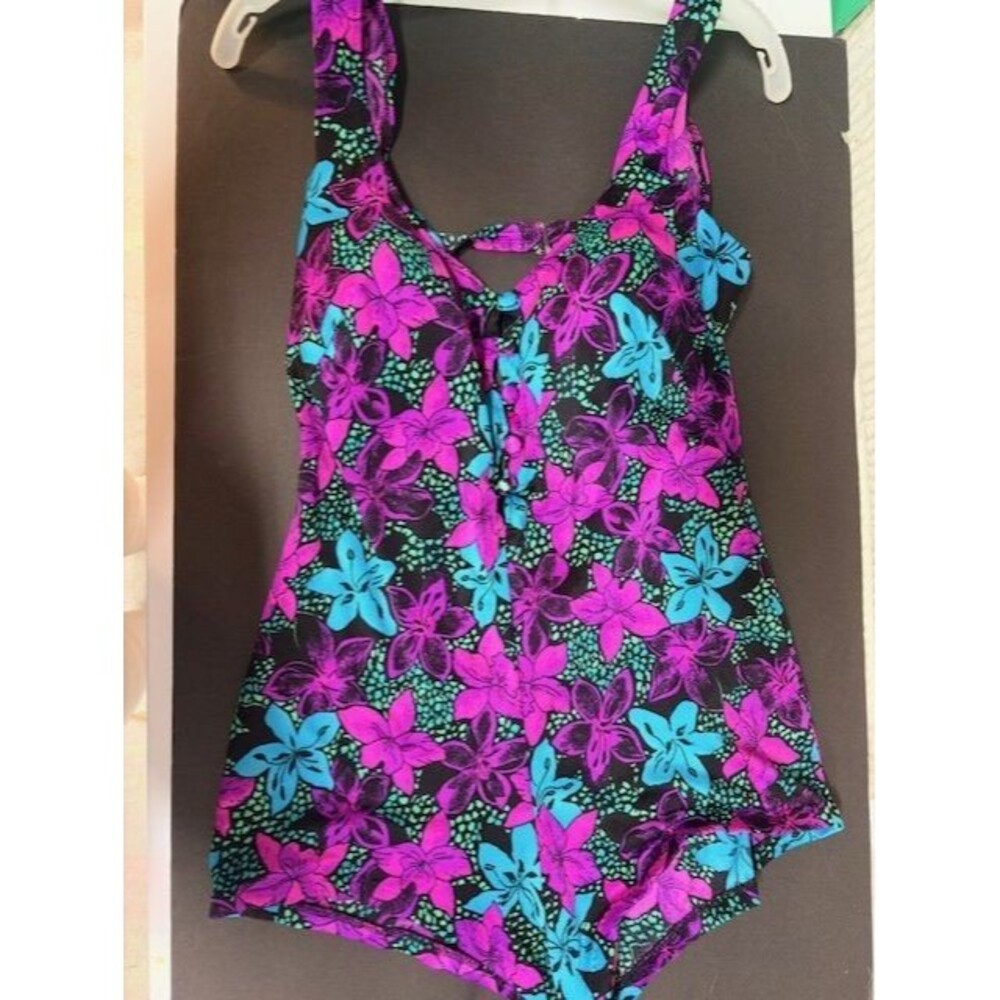 VTG Maxine of Hollywood Bright Floral‎ One Piece Swimsuit Size 16